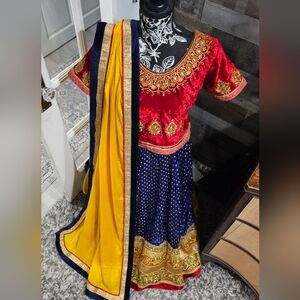 Traditional Embroidered Lehenga Set in Red, Navy & Yellow